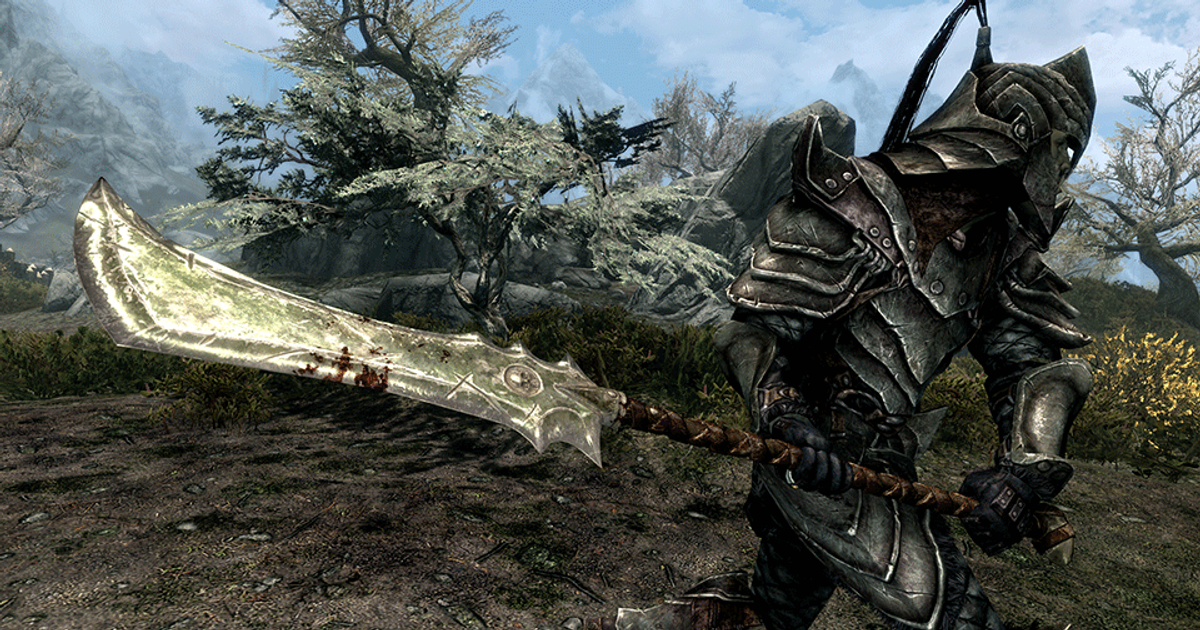 A warrior in armor wields a two-handed weapon called the Headman's Cleaver