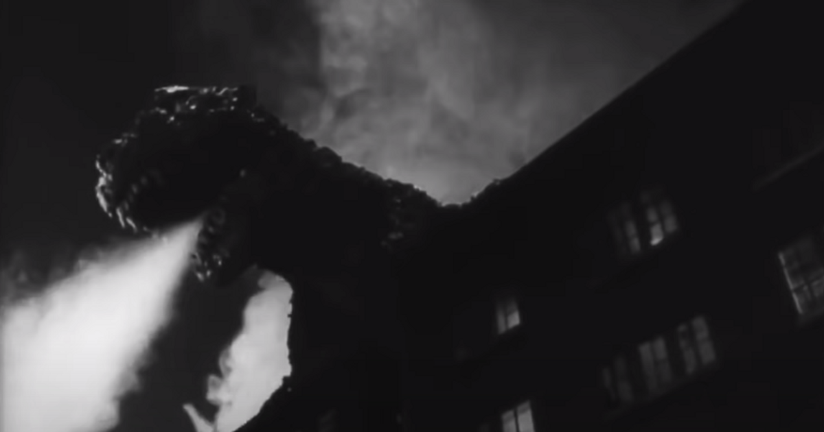The original 1954 Godzilla towering over the city