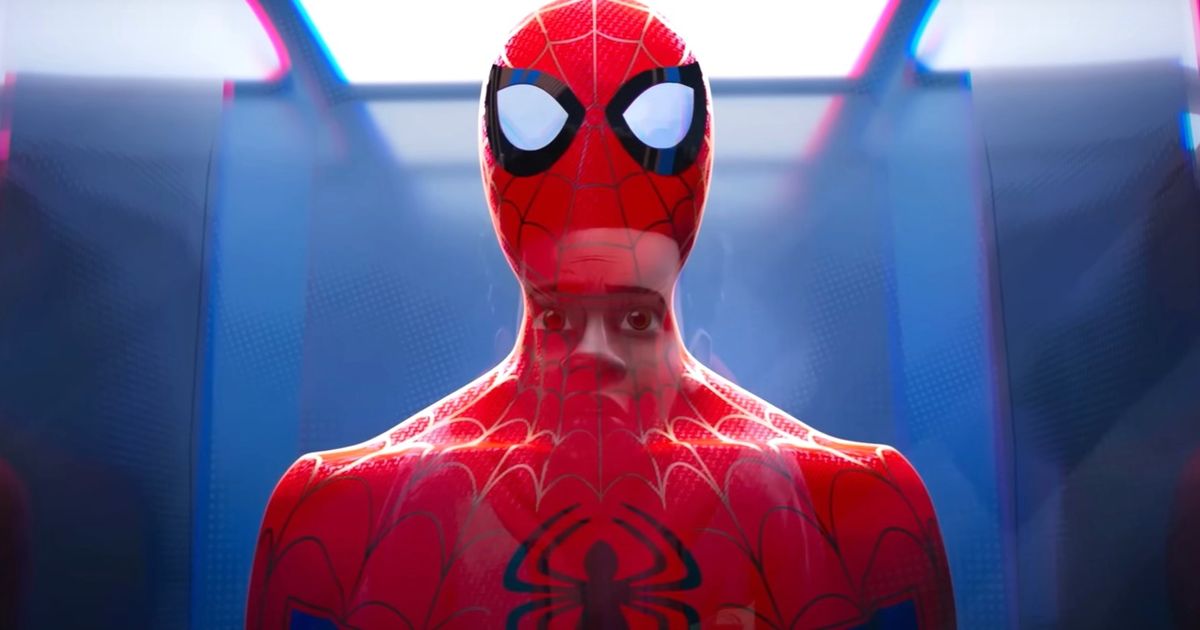 Miles looking at at a Spider-Man costume