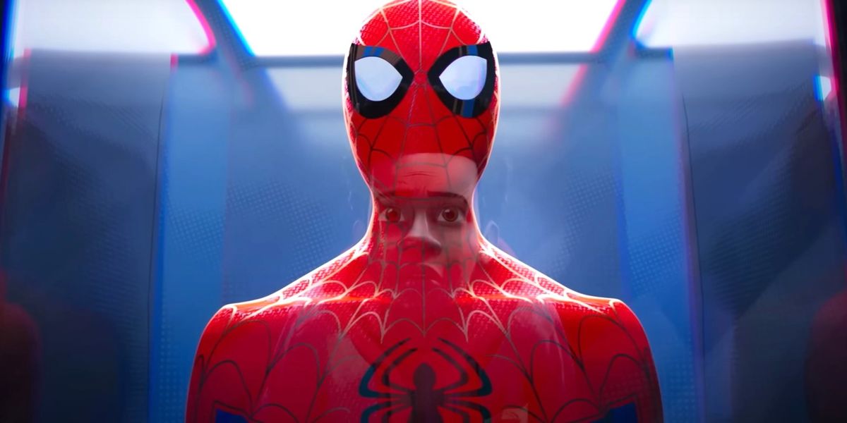 Miles looking at at a Spider-Man costume