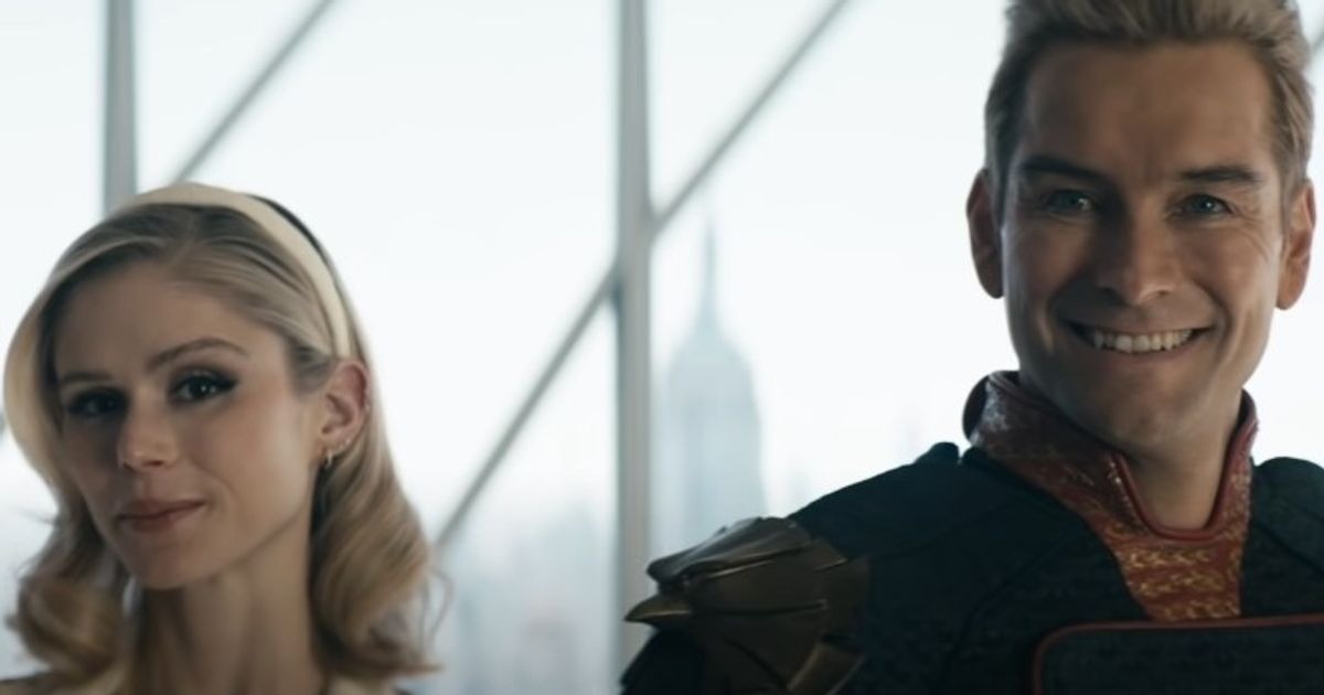 the boys season 3 antony starr as the homelander, erin moriarty as annie january smiling at the camera