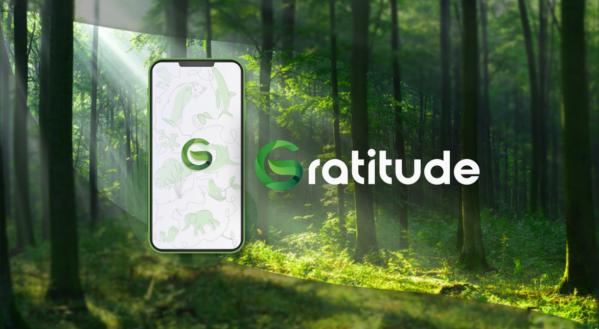 The Gratitude logo against a blurred forest background.