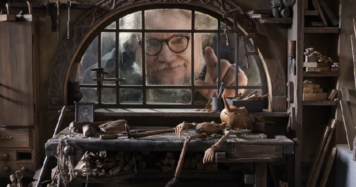 Guillermo del Toro's Pinocchio with Guillermo del Toro peeking through window