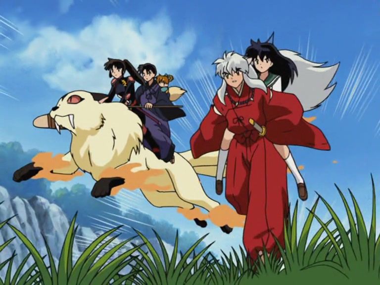 Kagome riding on Inuyasha's back, and Miroku, Sango, and Shippo riding on Kirara's back