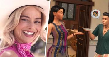 Two frame image. Margot Robbie as Barbie is left, a screenshot from The Sims 4 is right.